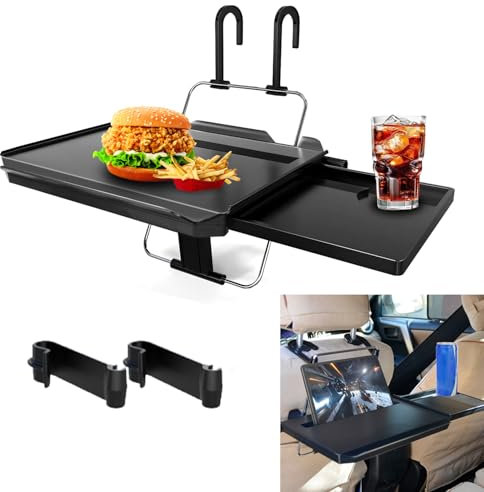 Car Steering Wheel Tray, Steering Wheel Table With Hook, Foldable Hanging Rear Headrest Car Tray with Expandable Tray and Beverage Cup Slot, 2 in 1 Car Desk for Laptop Work, Eating, Drinking