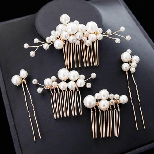 Foyte 5PCS Pearl Hair Comb for Wedding Pearls Hair Clips Bridal Pearl Bobby Pins Set Gold Bridesmaid Hair Accessories for Women and Brides