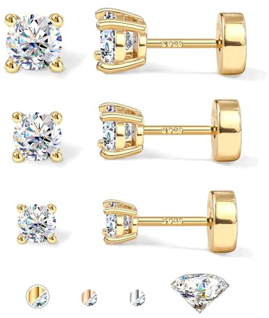 GEMQUEEN 3 Pairs Moissanite Earrings Studs 14K Gold Plated S925 Sterling Silver Flat Back Earring for Women Men - Hypoallergenic Set Cartilage Helix Piercing Jewelry D Color VVS1 1.8CT