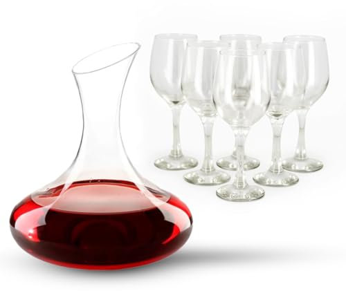 Ma Maison Set Decanter 1,6 lt per il Vino + 6 Calici in Vetro 300cc -Caraffa di Vetro Resistente - per Vino Rosso Vino Bianco Forma Particolare Idea Regalo