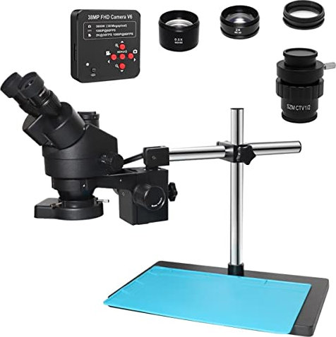 Mikroskop-Zubehör, Trinokular-Stereo-Mikroskop mit Simul-Fokal, kontinuierlicher Zoom, 3,5-fach - 90-fache Vergrößerung + Kamera-Doppelarm-Ständer, 0,5 x 2,0 x Objektiv, Haltbarkeit und zuverlässige