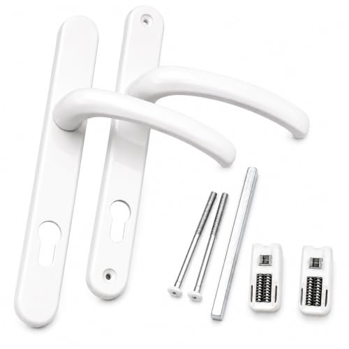 FIXINGS DIRECT] Upgraded Heavy Duty Sprung UPVC Door Handle Pair with Enhanced Security, 215mm Screw Centres Door Handles, 92mm Sprung (Chrome, White, Grey, Or Black) 241mm X 30mm (White)