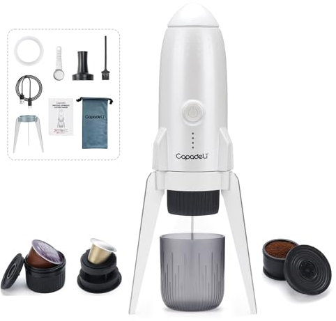 RECAFIMIL Macchina per caffè espresso portatile 3 in 1 macchina da caffè elettrica da campeggio autoriscaldante con USB-C, compatibile con capsule NS/DG e caffè macinato per viaggiare a casa (bianco)