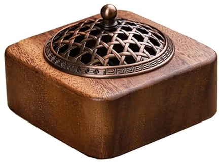 MIGAKU HOME Square Incense Burner Holder - 4 Handcrafted Walnut Wood Censer with Metal Alloy Lid | Natural Incense Stick/Bowl Tray for Yoga & Meditation | Luxury Home Decor Gift for Zen Lovers