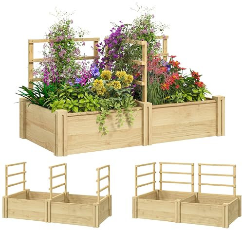 Outsunny Letto per Orto Rialzato da Esterno con 3 Grigliato, Fondo Aperto e 2 Divisorio, Fioriera con Traliccio per Piante Rampicanti in Legno di Abete, per Balcone, 119x62.5x64 cm, Color Legno