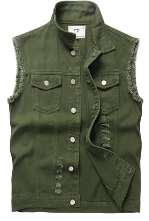 Ginsiom Men's Denim Vest,Sleeveless Jacket Slim Fit Vintage Casual Ripped Summer Jean Vest for Men(818Green,L)