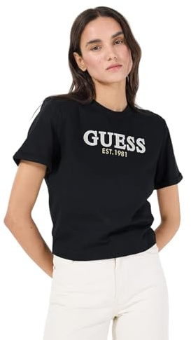 Guess Maglietta da donna nera con scollo rotondo CN SS CROPPED WASHED - MID ORGANIC, nero, L