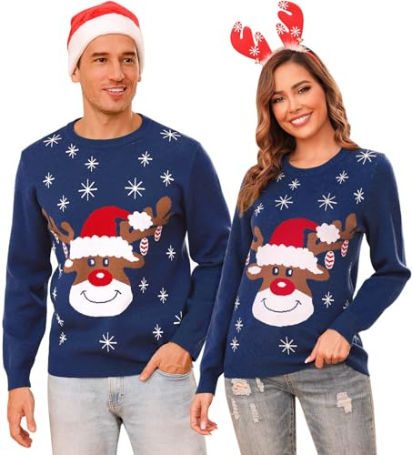 Aottori Jersey Navidad Mujer Hombre Suéter Navideño Matching Manga Larga Pullover Punto Unisex Pareja Cuello Redondo Reno Copo Nieve Invierno Familia Mujer-Azul Marino M
