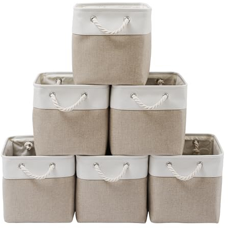 ICEMOR 28x28x28cm Cube Storage Boxes,6-piece set of large Kallax Boxen with handles,Foldable Storage Cube, suitable for home,office,wardrobe and clothing organisation (White & Beige)