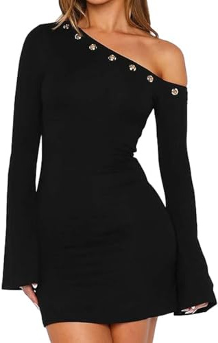 Bcenoilua Womens Sexy Mini Dress Off Shoulder Long Sleeve Bodycon Dresses Y2k Slim Fit Backless Short Dress Elegant Casual Tight Dresses for Going Out Party Cocktail Night Out Clubwear Black