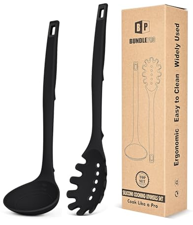 BUNDLEPRO Silicone Soup Ladle and Pasta Spoon Set, One-Piece, 2 Pack, Black
