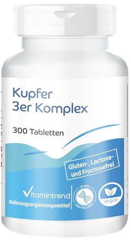 Vitamintrend Koppar 3‑komplex 2 mg, 300 tabletter, sväljvänlig, högdoserad, veganskt kosttillskott utan magnesiumstearat, tillverkat i Tyskland