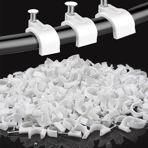 MINGZE 100pcs Serre-câbles Attache-câble Blanc Rond Câble Clips de fil avec un clou en acier, Agrafe électrique de câble de fil, agrafes de clou de gestion d'agrafe de cable (6mm)
