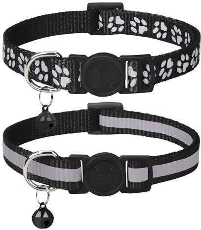 Taglory Reflektierend Katzenhalsband mit Sicherheitsverschluss und Glöckchen, 2-Stück Verstellbar Halsband Katze Kitten, 15-20cm Schwarz