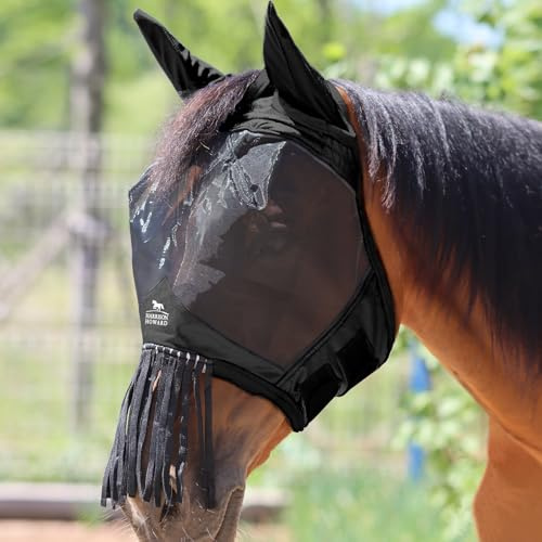 Harrison Howard CareMaster Horse Fly Mask with Ears and Nose Fringe Fly Protector Defender Mask Piano Black Full Size