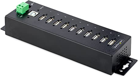 StarTech.com Hub Concentrador USB 2.0 de 10 Puertos - Hub USB Resistente con Protección de ESD de Nivel 4 - de Escritorio, Pared, DIN - con Puertos Bloqueables - Ladrón USB (USB210AIND-USB-A-HUB)