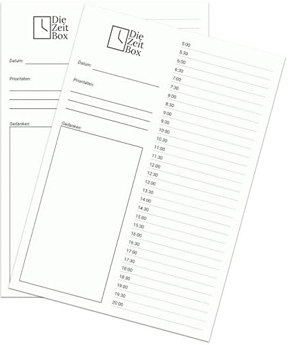 VIMPLUS – La caja de tiempo – Agenda diaria para hacer lista, bloc de tiempo DIN A5, 2 x 50 hojas (100 días) – DE – Tareas minimalistas, cita y calendario según el método probado de tiempo de boxing
