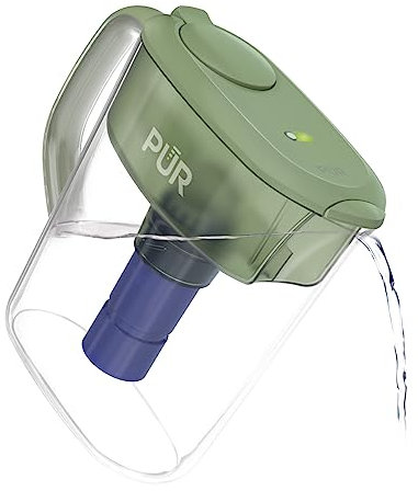 PUR 11-Cup Water Filter Pitcher with 1 Genuine PUR Filter, 11-Cup Capacity, 3-in-1 Powerful, Faster Filtration, Dishwasher Safe, Filter Change Light, Sage (PPT110MA)