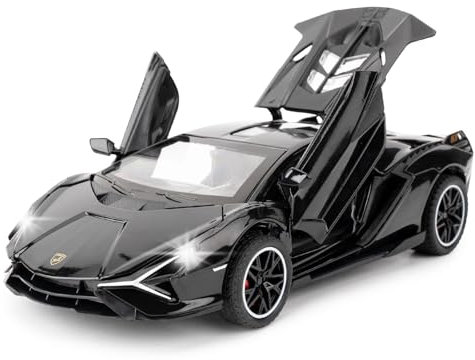 TGRCM-CZ 1/32 Skala Lamborghini SIÁN FKP37 Auto Modell Spielzeug, Ton und Licht Pull Back Auto Zink Legierung Casting Spielzeug für Kinder Jungen Mädchen Geschenk (Schwarz)