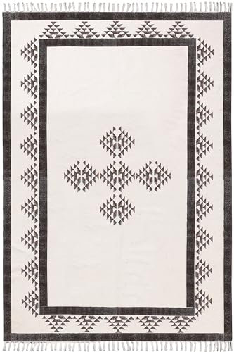 CASAVANI Kelim Teppich, 15,2 x 22,9 cm, Schwarz / Beige, Baumwolle, Boho-Teppich, leicht waschbar, Flachgewebe, Teppiche für große Fläche, Schlafzimmer, Wohnzimmer, Esstisch, Zimmer