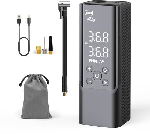 Enntas Compresseur à Air Portatif, 150PSI Gonfleur Pneus Voiture sans Fil, Mini Pompe à Vélo Rechargeable avec Lumière LED et Gonflage Rapide, Arrête Automatique pour Moto/Ballon