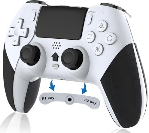 REKBOO Manette sans fil pour PS4, Contrôleur pour PS4 avec Audio Microphone Jack, Manette P4 dual Vibration avec Gyroscope à Six Axes, Macro, Turbo, Ecran Tactile, 800mah Batterie(Blanc)