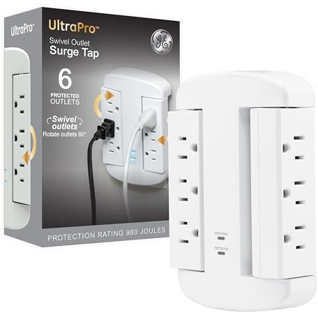 GE 6-Outlet Extender, Surge Protector, Swivel Side Access, Wall Tap Adapter, 3-Prong, 980 Joules, ETL Listed, White, 81781