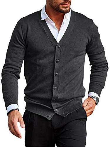 Runcati Giacca da uomo a maniche lunghe, senza colletto, con scollo a V, cardigan in maglia, camicia, leggera, giacca per la transizione, grigio., XL