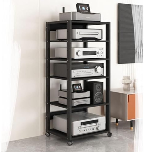ZIUSFAC Mobile Media Stand Meuble Chaine HiFi Support De Médias Audio-vidéo Centre De Divertissement Étagères Réglable Stéréo Console TV 50×40×131cm(6 Tier)