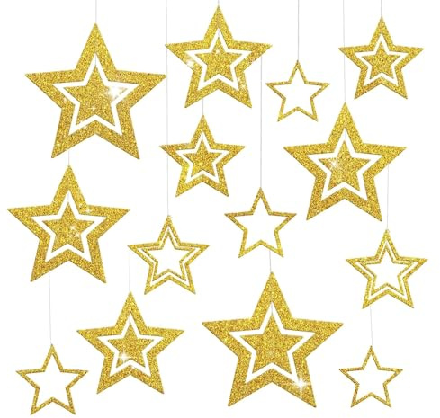Lot de 14 étoiles à paillettes dorées à suspendre - Décoration de Noël à suspendre - Décoration de Noël pour sapin de Noël, suspension de plafond, Nouvel An - Décoration d'hiver