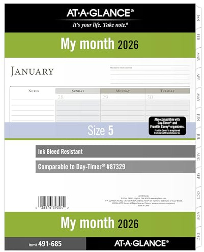 AT-A-GLANCE 2026 Planner Refill, Monthly, 8-1/2 x 11, Folio Size 5, Loose-Leaf (491-685-26)