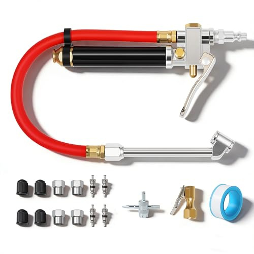 AutoViteX Tire Inflator with Pressure Gauge, 10-120 PSI Heavy Duty Dual Head Tire Inflator Gauge with Rubber Hose, 4 Way Tool and Valve Cores, 1/4 NPT Inlet
