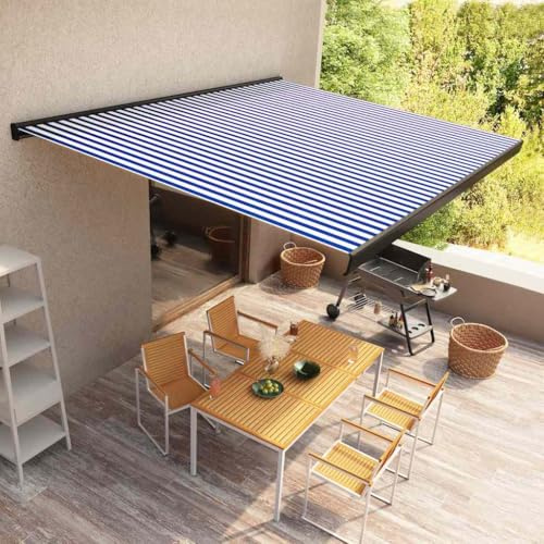 Kassettmarkis med motor 400 x 300 cm, blåvit, UV-beständig, väderbeständig, för terrass och balkong, aluminiumram, PU-belagt polyestertyg