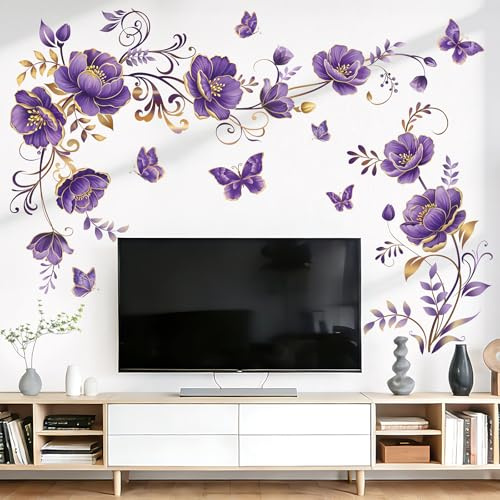 wondever Wandtattoo Lila Blumen Schmetterling Wandaufkleber Blumenranke Pfingstrosen Goldene Wandsticker Wanddeko für Wohnzimmer Schlafzimmer Sofa Hintergrund