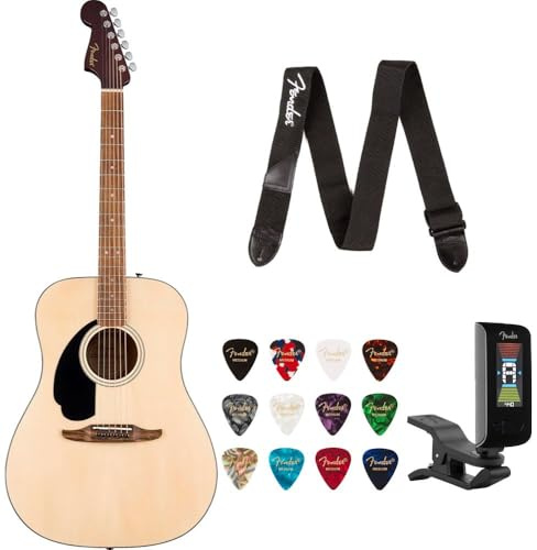 Fender California Standard Redondo Left-Handed Spruce Top Natural Bundle with Fender Celluloid Guitar Picks, Color Medley Medium 12-Pack, Logo Guitar Strap 2in Logo, Original Tuner Black
