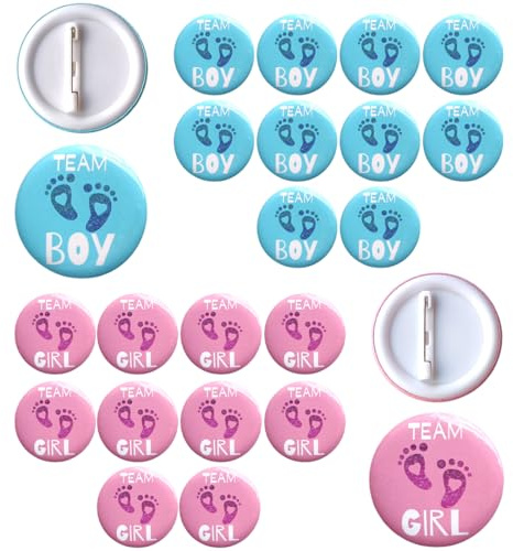 CATZUM Set de 24 pines para revelación de género, equipo de niño y equipo de niña, pines redondos con cierre trasero, decoración para fiesta de bautizo de bebé, tamaño compacto (4,5 cm) (azul y rosa)
