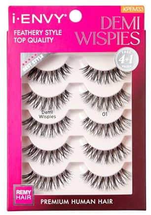 i•ENVY 5 Pairs Demi Wispies False Lashes (1 Pack), Premium Quality 100% Human Hair, Fluffy Feathered Eyelashes with Volume & Curl, Natural Look, Lightweight, Comfortable, Reusable for Everyday Wear