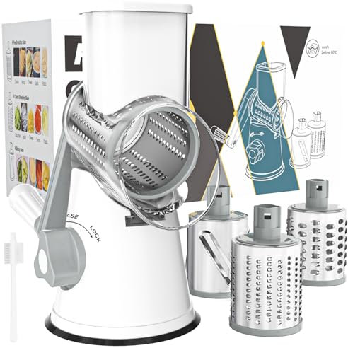 Rotary Cheese Grater Cheese Shredder - Cambom Round Mandoline Slicer Vegetable Slicer Walnuts Grinder with Strong-Hold Suction Cup Base and Cleaning Brush