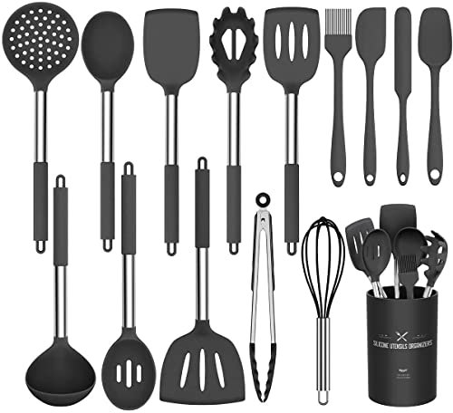 Umite Chef Kitchen Utensil Set, 15pcs Silicone Cooking Kitchen Utensils Set, Cooking Tools Turner Tongs Spatula Spoon for Nonstick Heat Resistant Cookware - (Black)