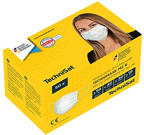 TechniSat TECHNIMASK M2 R (Medizinische Gesichtsmaske Typ IIR, 98% Bakterielle Filterleistung, Mund- und Nasenbedeckung Made in Germany) 50 Stück