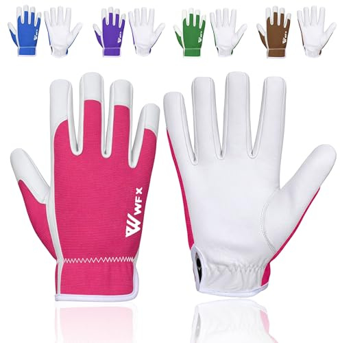 WFX Guantes de trabajo de cuero para jardinería, transpirables, a prueba de espinas, para construcción de palmas, guantes de jardinería resistentes, para mujer y hombre, utilidad (Rosa, L)