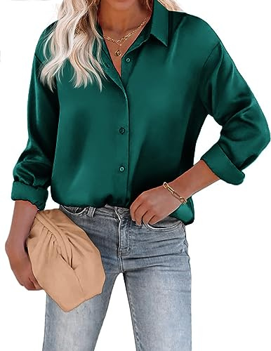 Beyove Blusa para mujer de satén y seda, con cuello en V, elegante, de manga larga, para negocios, con botones, de corte holgado, verde oscuro, XXL