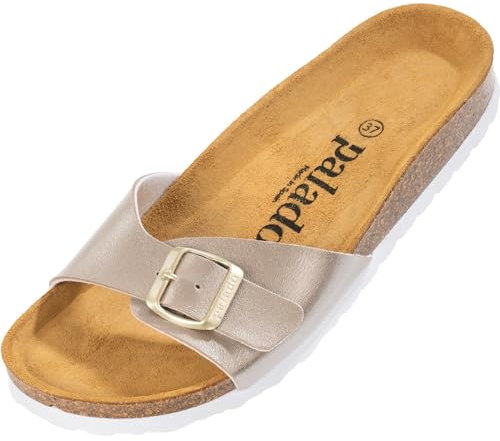 Palado Pantoletten Damen Malta Metallic – gefertigt in Spanien – weiche Veloursleder-Decksohle – robuste EVA-Sohle – edles Metallic-Design Beige/Weiß UK9 - EU42
