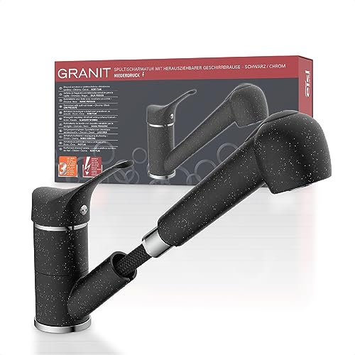 EISL GRANIT NI183SMCR-LP Robinet d'évier basse pression avec douchette, pivotant à 360°, noir, idéal pour double évier, robinet de cuisine, mitigeur monocommande basse pression
