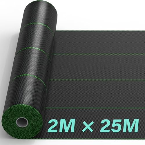 Membrane de contrôle des mauvaises herbes robuste de 2 m x 25 m pour aménagement paysager, allée, gravier, gazon artificiel, tapis tissé pour pelouse, terrasse, jardin, parterres de fleurs, noir