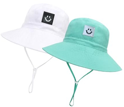 Baby Sun Hat Smiling Face UPF 50+ Beach Toddler Bucket Hat for Baby Boys and Girls, Toddler Kids Wide Brim Sun Hats Cap (US, Age, 0 Months, 6 Months, White+Blue)