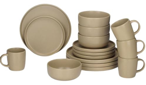 alpina Juego de vajilla de 16 piezas, juego de platos para 4 personas, vajilla de gres, platos de desayuno, platos de cena, cuencos y tazas, apto para microondas y lavavajillas, arena