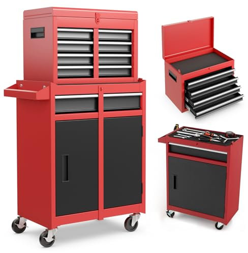 HOMFME Rolling Tool Cabinet, 2 in 1 Detachable Tool Chest with Drawers, Wheels, Hooks and Side Handle, Lockable Metal Tool Box Cart Trolley for Garage Workshop (Black + Red)