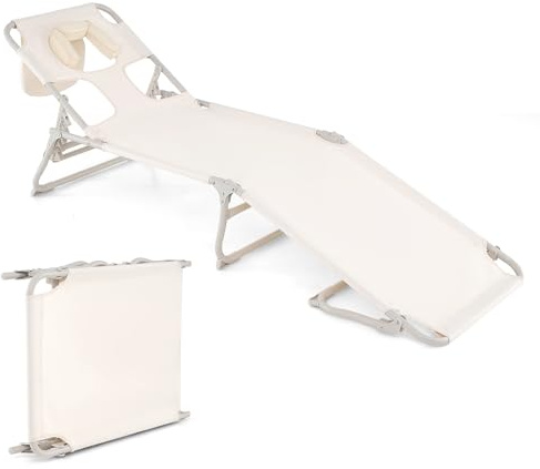 KOMFOTTEU Solstol, vikbar med nackstöd och hål, strandstol med justerbart ryggstöd, trädgårdsstol upp till 200 kg, liggstol, relaxstol, bärbar för strand, terrass