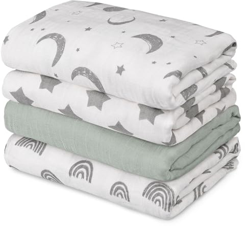 GLLQUEN BABY Muslin Swaddle Blankets 4-Pack Breathable Receiving Blankets (35 x 40) Soft Baby Blankets for Girls and Boys Newborn Essentials Muslin Burp Cloths Swaddle Wrap Baby Gift (Star)